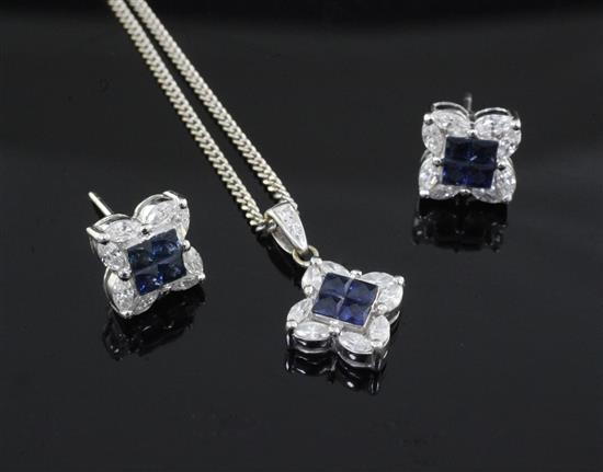 A sapphire and diamond square-set pendant on 18ct white gold fine chain and a pair of earrings en suite, pendant 11.mm.